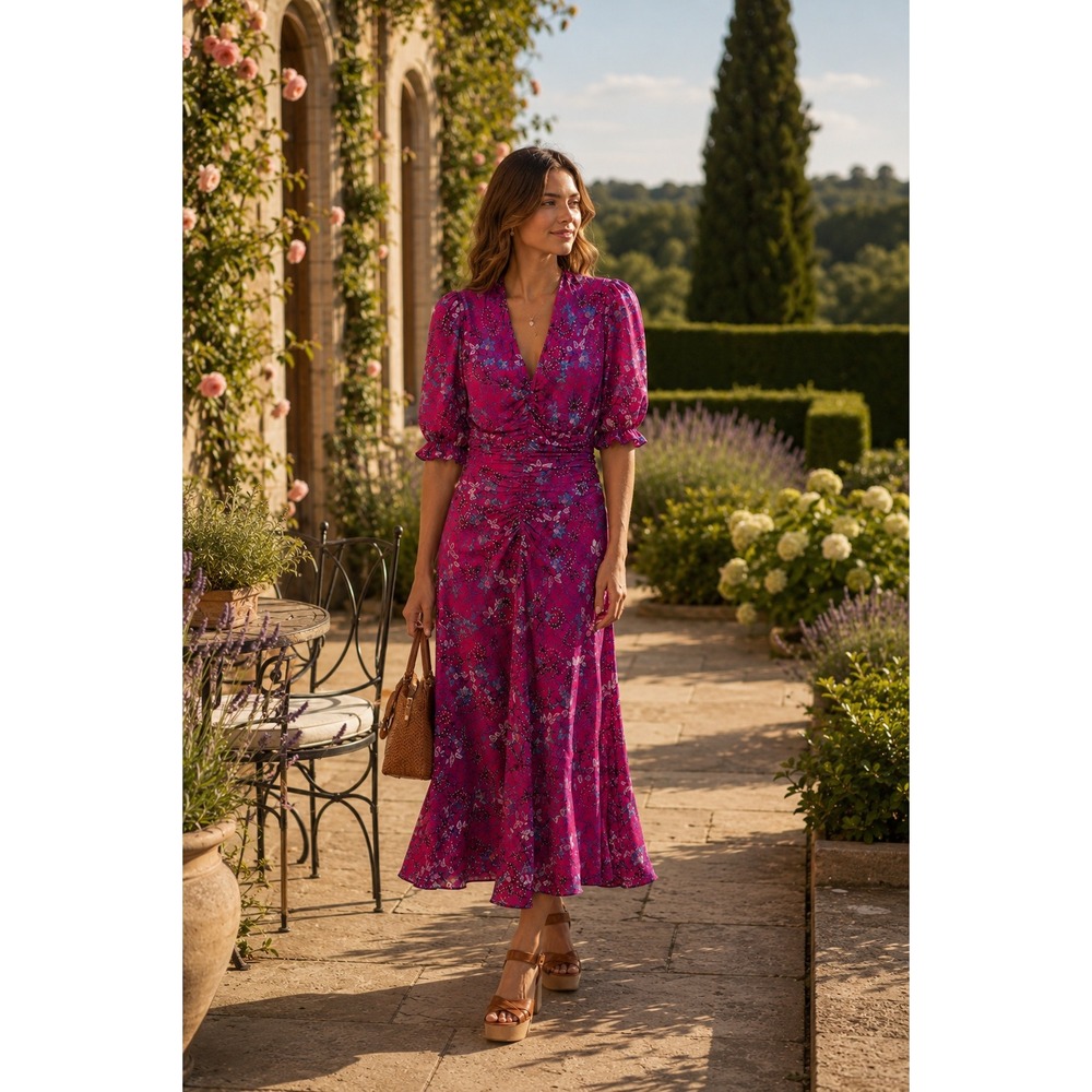 ME+EM Bluebell Meadow Floral Ruched Midi Dress Pink Puff Sleeve Size 6
